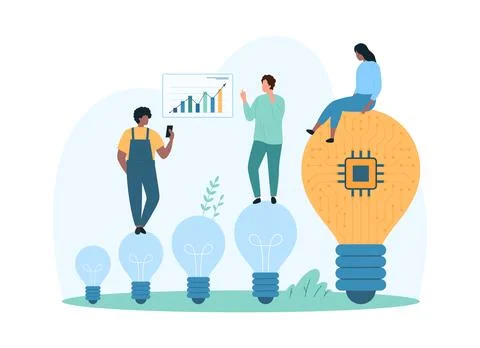 Strategy of creative idea development of tiny people, light bulb with AI circuit 스톡 일러스트