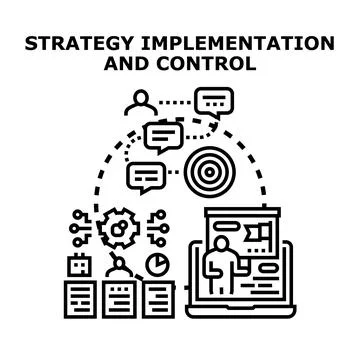 Strategy implementation and control in business management process Stock Illustration