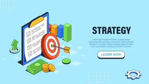 Strategy isometric poster. Clipboard with banknotes. Marketing and business Stock Illustration