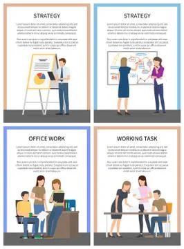 Strategy Office Work Set of Posters with Workers Stock Illustration