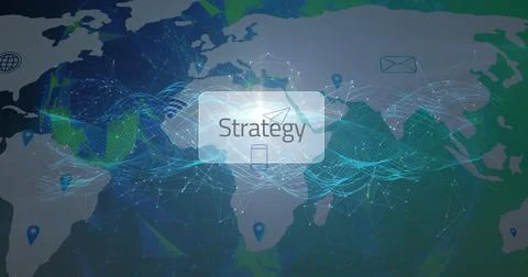 Strategy panel hovering in network view, with world map, network lines, pins and Stock Photos