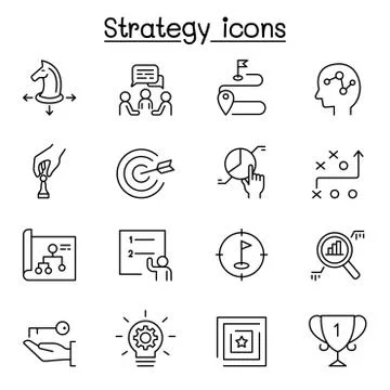 Strategy &amp; planing icon set in thin line style 스톡 일러스트