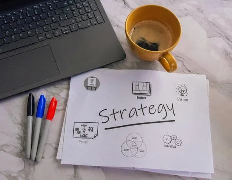 Strategy planning Implementation with laptop in desk with color pencils a c.. Stock Photos