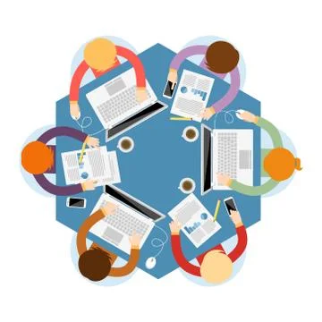 Strategy   round table discussing office  computer    group   meeting illustr Stock Illustration