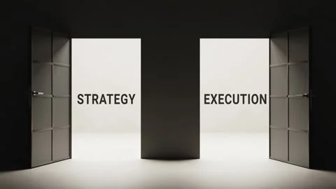 Strategy vs. execution concept animation, two opening doors revealing corporate Stock Footage 319379234