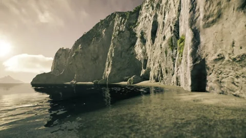 Stratified limestone cliffside featuring rushing waterfall and rugged textures Stock Footage 339627242