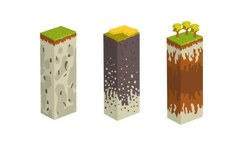Stratigraphic Columns with Cut of Soil Set, Geological Sections Cartoon Vector Stock Illustration