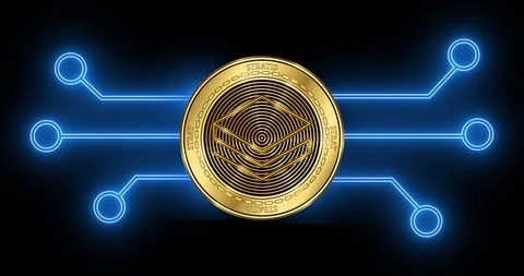 Stratis (STRAT) cryptocurrency coin with glowing blockchain transaction Stock Footage 103062801