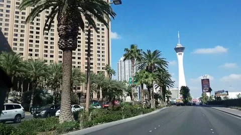 Stratosphere tower, Driving towards the the tower, on bulevard s road, in L.. Stock Footage 73414297
