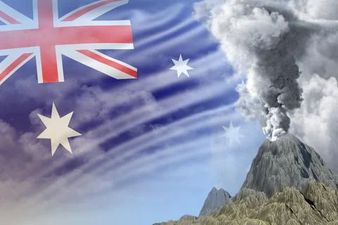 Stratovolcano blast eruption at day time with white smoke on Australia flag Stock Illustration