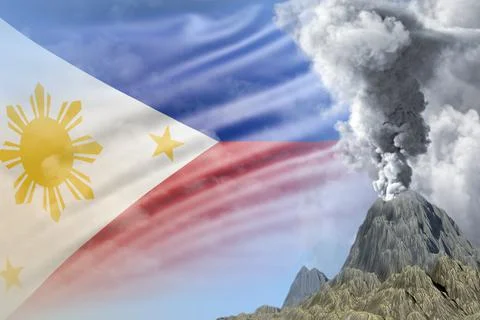 Stratovolcano blast eruption at day time with white smoke on Philippines flag Stock Illustration