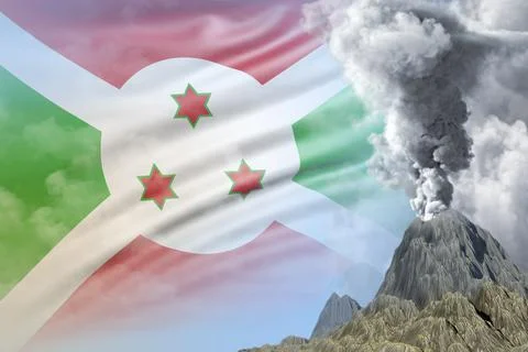Stratovolcano blast eruption at day time with white smoke on Burundi flag Stock Illustration