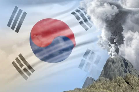 Stratovolcano blast eruption at day time with white smoke on Republic of Korea Stock Illustration