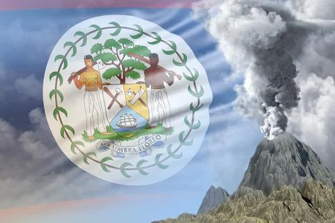 Stratovolcano blast eruption at day time with white smoke on Belize flag Stock Illustration