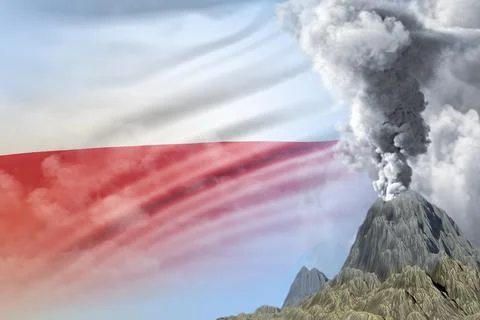 Stratovolcano blast eruption at day time with white smoke on Poland flag Stock Illustration