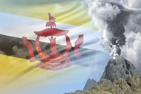 Stratovolcano blast eruption at day time with white smoke on Brunei Darussalam Stock Illustration