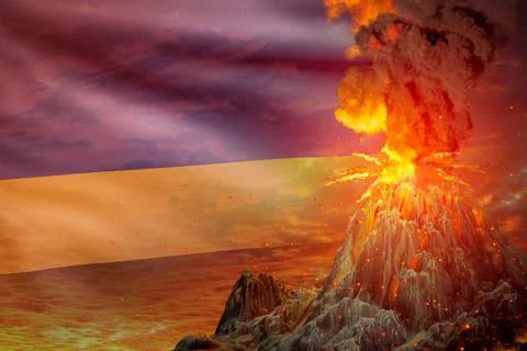 Stratovolcano blast eruption at night with explosion on Rwanda flag background Stock Illustration