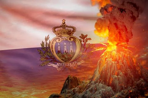Stratovolcano blast eruption at night with explosion on San Marino flag Stockillustratie