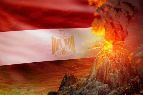 Stratovolcano eruption at night with explosion on Egypt flag background 스톡 일러스트