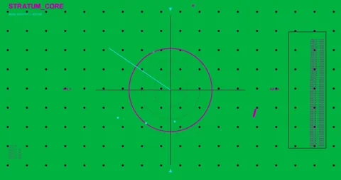 STRATUM_CORE HUD starting scan, cyan sweep arm rotating over blips, marking Stock Footage 327338087