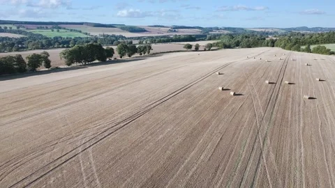 Straw bales in the fields from a drone, Southeast Scotland Stock-Footage 317346241