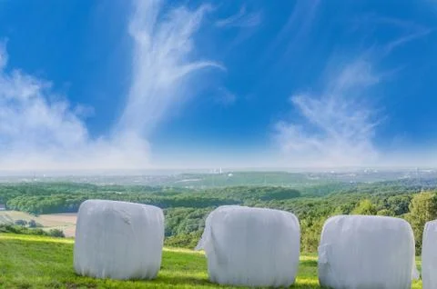Straw bales wrapped in plastic Stock Photos