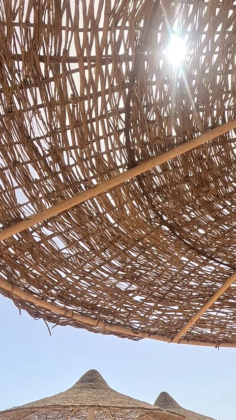 Straw beach umbrella blocking bright sun on clear day. Coastal shade structure Stock Footage 331554958