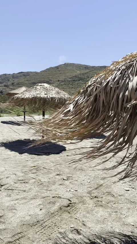 Straw Beach Umbrella Blowing in Wind on Sunny Coast Stock Footage 336964971