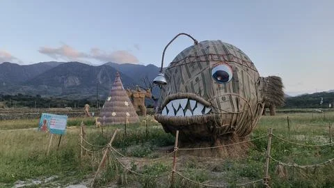 Straw fish statue in the park Stock Photos