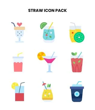 Straw Flat Bundle Icons Pack Stock Illustration