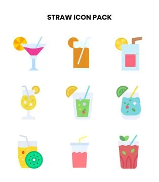 Straw Flat Collection Icons Pack Stock Illustration