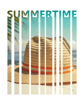 Straw hat on beach with word summertime in vertical cutout design Stock Illustration