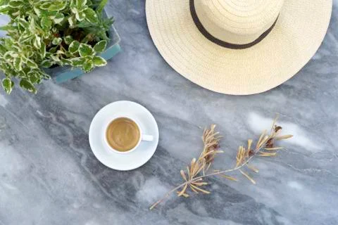 Straw hat, dry olive tree branch with olives, coffee cup on marble grey table Stock Photos