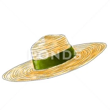 Straw hat with green ribbon and wide margins isolated on white