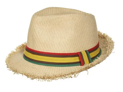 Straw hat with multi-colored ribbon isolated on white background. Stock Photos