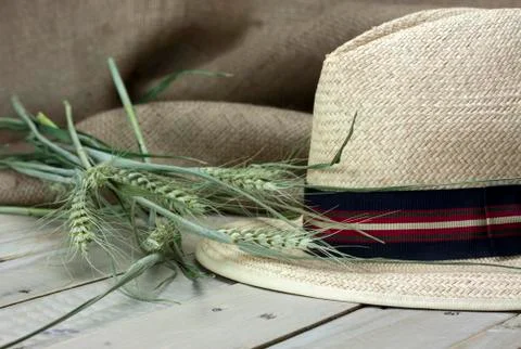 Straw hat on rustic surface Stock Photos