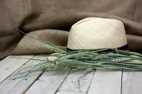 Straw hat on rustic surface Stock Photos