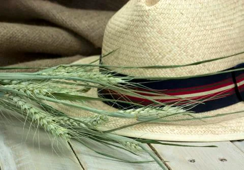 Straw hat on rustic surface Stock Photos
