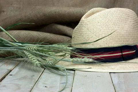 Straw hat on rustic surface Stock Photos