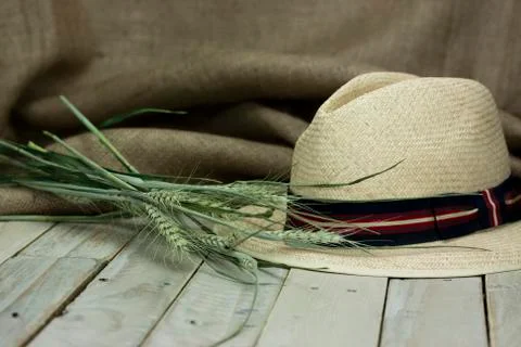 Straw hat on rustic surface Foto stock