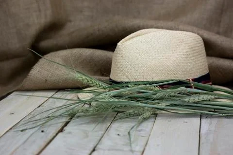 Straw hat on rustic surface Stock Photos