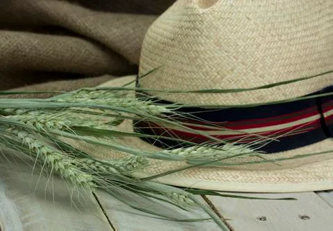 Straw hat on rustic surface Stock Photos
