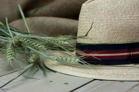 Straw hat on rustic surface Stock Photos