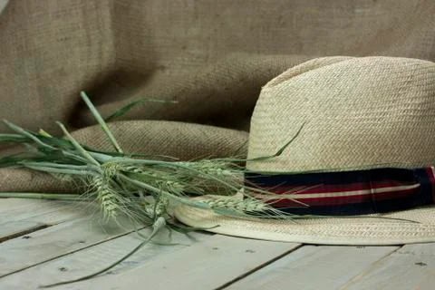 Straw hat on rustic surface Stock Photos
