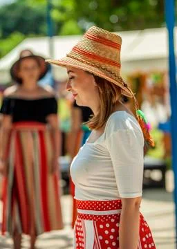 A straw hat with some red colour in it Stock Photos