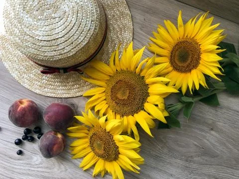 Straw Hat sunflowers on the table Stock Photos