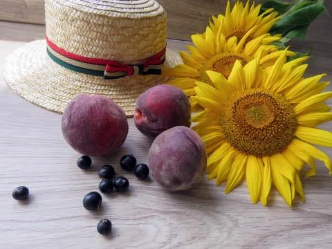 Straw Hat sunflowers on the table Stock Photos