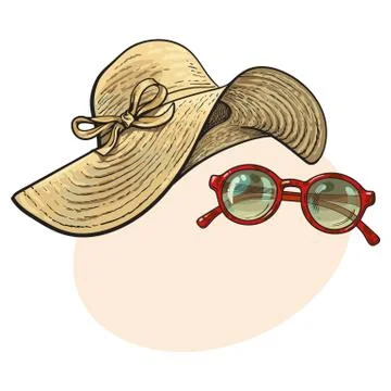 Straw hat with wide flaps and sunglasses in red frame Stock Illustration