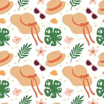 Straw hats seamless pattern. Repeated beach accessories, summer time women 스톡 일러스트