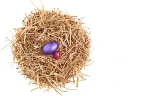 Straw nest with chocolate easter eggs Stock Photos